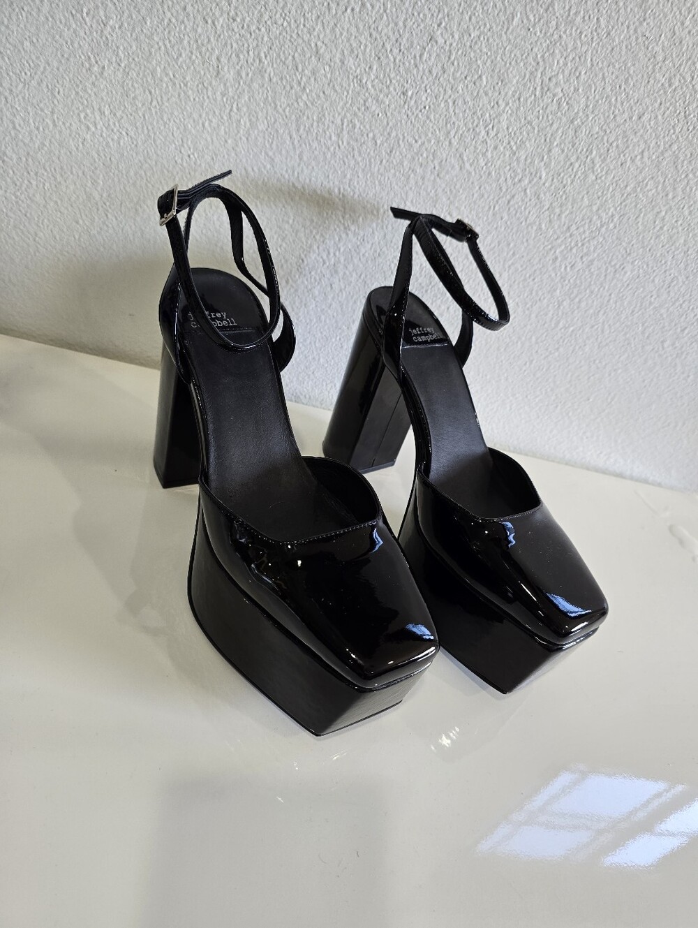 Jeffrey Campbell Black Patent Square Toe Ankle Strap Block Heels - Picture 2 of 7